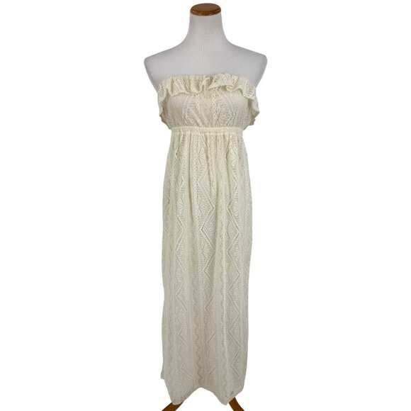 Vtg F21 Cream Lace Ruffle Hem Strapless Maxi Dress | Y2K Coquette Coastal Boho S - Picture 2 of 16